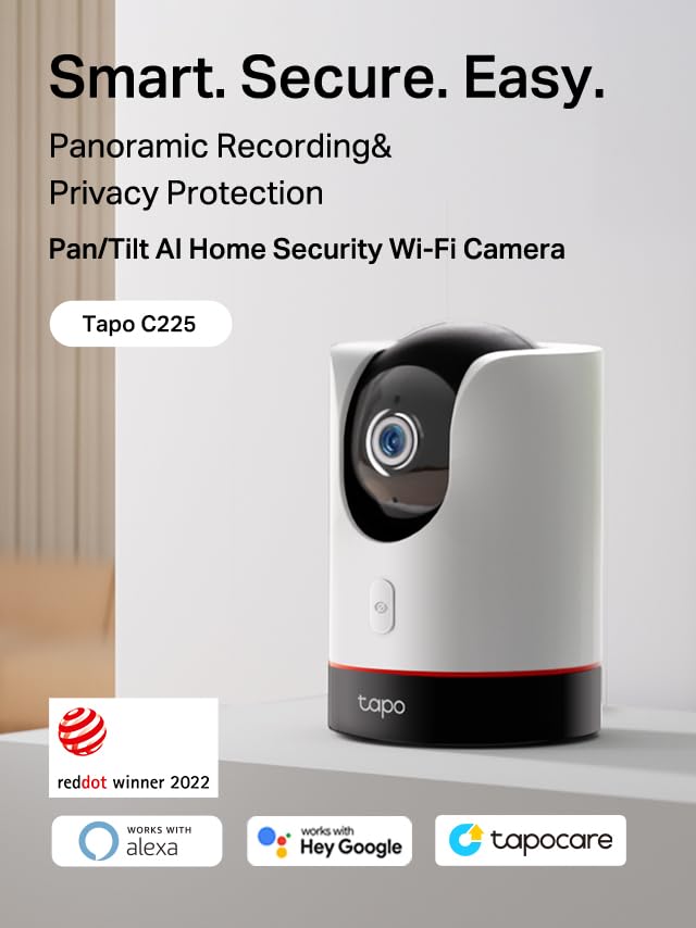 TP-Link Tapo 2K QHD Pan/Tilt Wi-Fi Camera | Physical Privacy Mode | Color Night Vision | AI Detection | Motion Tracking | 2-Way Audio | Local/Cloud Storage | Works w/Alexa&Google Home | (Tapo C225)