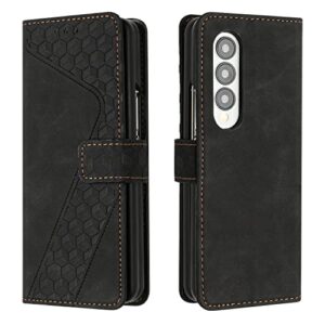 onv wallet case for samsung galaxy z fold 3 - cube skin flip phone case with wrist strap card holder magnet leather + inner shell flip stand cover for samsung galaxy z fold 3 [hx] -black