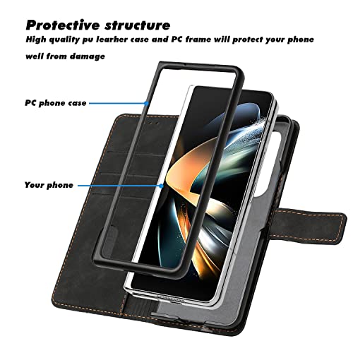 ONV Wallet Case for Samsung Galaxy Z Fold 3 - Cube Skin Flip Phone Case with Wrist Strap Card Holder Magnet Leather + Inner Shell Flip Stand Cover for Samsung Galaxy Z Fold 3 [HX] -Black