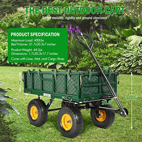 Yardsam Dump Garden Carts, 400 lbs Heavy Duty Utility Garden Wagons, Garden Cart Wagon with Removable Sides, Pullable Handle, 10in All-Terrain Wheels, Utility Liner, for Lawn Yard Farm, Green