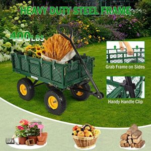 Yardsam Dump Garden Carts, 400 lbs Heavy Duty Utility Garden Wagons, Garden Cart Wagon with Removable Sides, Pullable Handle, 10in All-Terrain Wheels, Utility Liner, for Lawn Yard Farm, Green