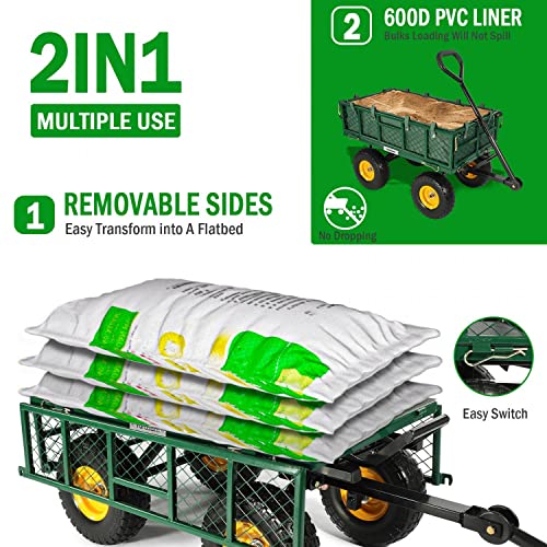 Yardsam Dump Garden Carts, 400 lbs Heavy Duty Utility Garden Wagons, Garden Cart Wagon with Removable Sides, Pullable Handle, 10in All-Terrain Wheels, Utility Liner, for Lawn Yard Farm, Green