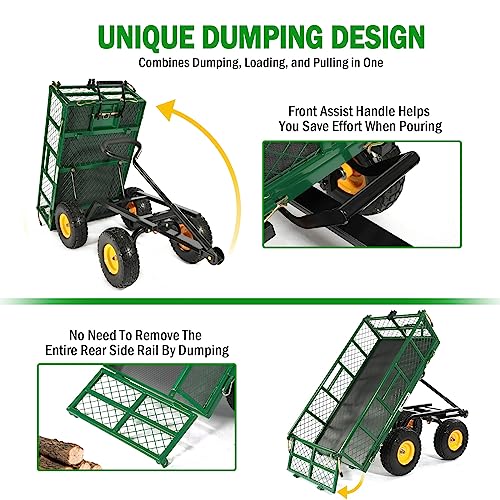 Yardsam Dump Garden Carts, 400 lbs Heavy Duty Utility Garden Wagons, Garden Cart Wagon with Removable Sides, Pullable Handle, 10in All-Terrain Wheels, Utility Liner, for Lawn Yard Farm, Green