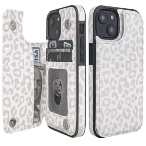 haopinsh for iphone 13 mini case wallet with card holder, white leopard cheetah print back flip folio pu leather kickstand card slots case for women girls, double magnetic clasp shockproof cover 5.4"