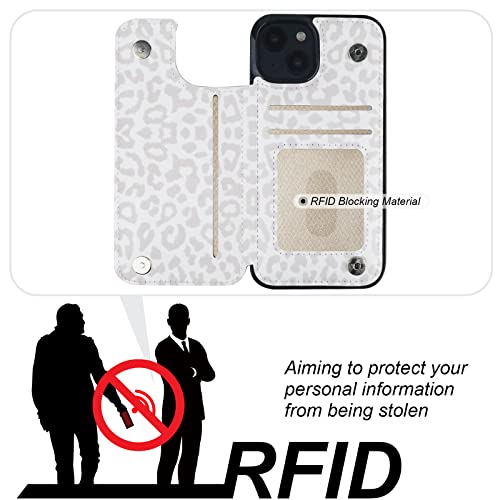 HAOPINSH for iPhone 13 Mini Case Wallet with Card Holder, White Leopard Cheetah Print Back Flip Folio PU Leather Kickstand Card Slots Case for Women Girls, Double Magnetic Clasp Shockproof Cover 5.4"