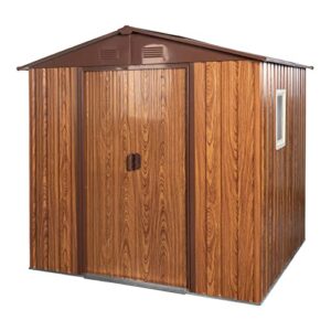 sundaly 6'x 6' wood look outdoor storage shed with door, window & lock, waterproof metal garden tool storage shed with floor frame for backyard patio lawn,brown