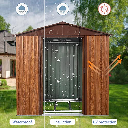 SUNDALY 6'x 6' Wood Look Outdoor Storage Shed with Door, Window & Lock, Waterproof Metal Garden Tool Storage Shed with Floor Frame for Backyard Patio Lawn,Brown