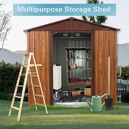 SUNDALY 6'x 6' Wood Look Outdoor Storage Shed with Door, Window & Lock, Waterproof Metal Garden Tool Storage Shed with Floor Frame for Backyard Patio Lawn,Brown