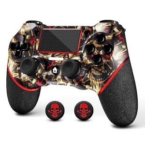 acegamer wireless controller for ps4, custom design v2 gamepad joystick for ps4 with non-slip grip of both sides and 3.5mm audio jack! thumb caps included! (gold skull)