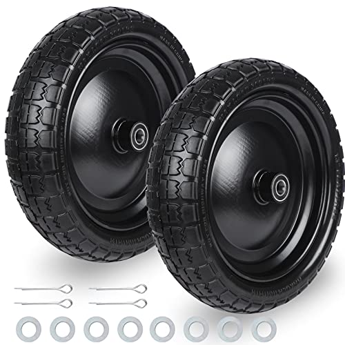 13" Solid Flat Free Tires and Wheels 2 Pcs, 3.50-9 Rubber Tire Replacement Axle Bore Hole, Air less Wheel for Hand Truck/Trolley/Garden Cart/Lawn Mower/Wheelbarrow, 2Packs, Black