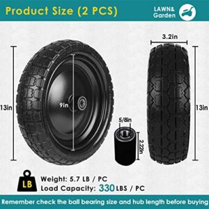 13" Solid Flat Free Tires and Wheels 2 Pcs, 3.50-9 Rubber Tire Replacement Axle Bore Hole, Air less Wheel for Hand Truck/Trolley/Garden Cart/Lawn Mower/Wheelbarrow, 2Packs, Black