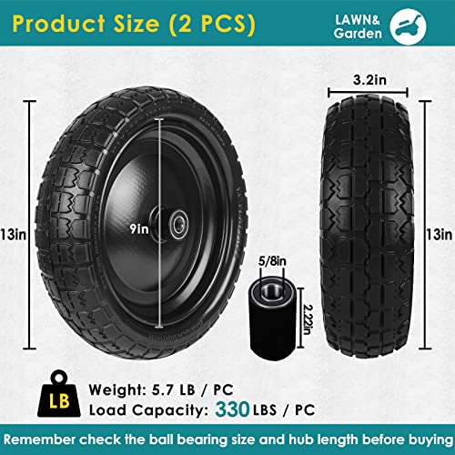 13" Solid Flat Free Tires and Wheels 2 Pcs, 3.50-9 Rubber Tire Replacement Axle Bore Hole, Air less Wheel for Hand Truck/Trolley/Garden Cart/Lawn Mower/Wheelbarrow, 2Packs, Black