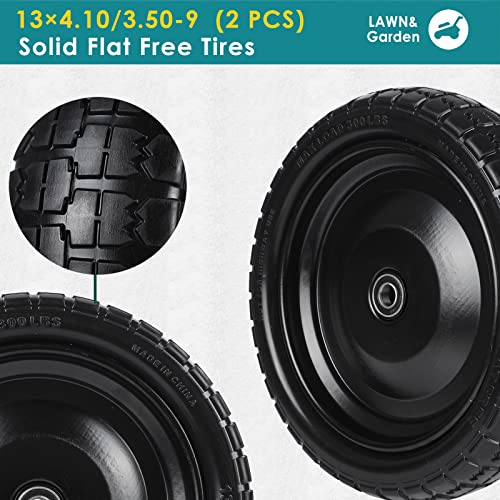 13" Solid Flat Free Tires and Wheels 2 Pcs, 3.50-9 Rubber Tire Replacement Axle Bore Hole, Air less Wheel for Hand Truck/Trolley/Garden Cart/Lawn Mower/Wheelbarrow, 2Packs, Black