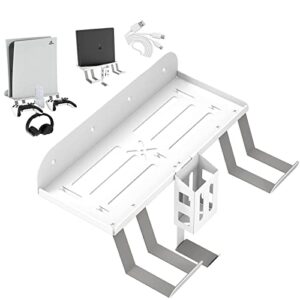 belopera ps5/ps4 wall mount kit, 6-in-1 ps5 (disc and digital) metal wall mount stand with 2 detachable controller hanging bracket/headset hanger/remote box/charging cable – white