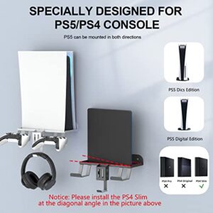 BELOPERA Ps5/Ps4 Wall Mount kit, 6-in-1 PS5 (Disc and Digital) Metal Wall Mount Stand with 2 Detachable Controller Hanging Bracket/Headset Hanger/Remote Box/Charging Cable – White