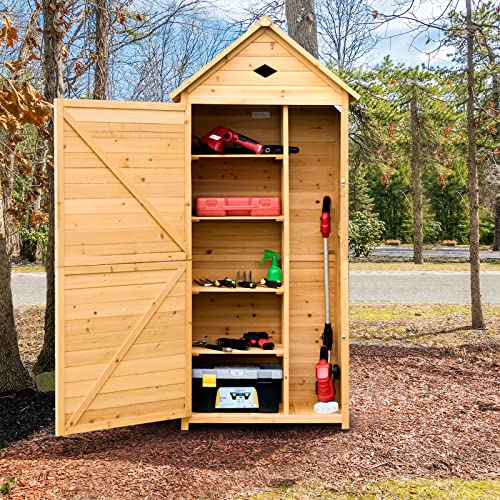 Goplus Wooden Storage Shed, Outdoor Storage Cabinet with 4 Shelves and Pitched Galvanized Sheet Roof, Lockable Garden Shed, Outside Tool Shed for Patio Yard Lawn