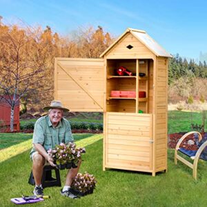 Goplus Wooden Storage Shed, Outdoor Storage Cabinet with 4 Shelves and Pitched Galvanized Sheet Roof, Lockable Garden Shed, Outside Tool Shed for Patio Yard Lawn