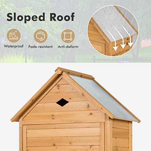 Goplus Wooden Storage Shed, Outdoor Storage Cabinet with 4 Shelves and Pitched Galvanized Sheet Roof, Lockable Garden Shed, Outside Tool Shed for Patio Yard Lawn