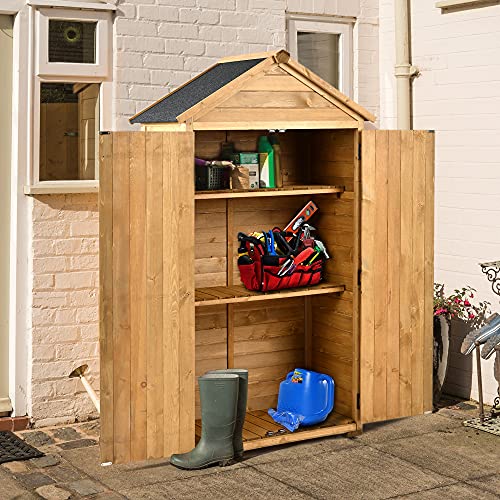 Merax 5.8ft x 3ft Outdoor Wood Lean-to Storage Shed Tool Organizer with Waterproof Asphalt Roof, Lockable Doors, 3-Tier Shelves for Backyard, Natural