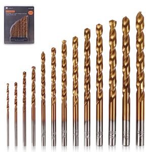 mulwark drill bit set, 13 piece 1/16-inch to 1/4-inch m35 cobalt titanium nitride coated drill bits for metal, stainless steel, plastic, wood, steel
