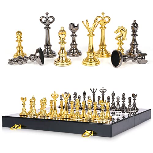 Metal Chess Set and Checkers Game Set 15 inch(2 in 1) Chess Board Games for Adults Kids Metal Chess Pieces & Portable Folding Wooden Chess Board Travel Chess Sets Metal Chess Pieces with Storage Box