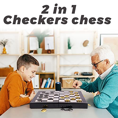 Metal Chess Set and Checkers Game Set 15 inch(2 in 1) Chess Board Games for Adults Kids Metal Chess Pieces & Portable Folding Wooden Chess Board Travel Chess Sets Metal Chess Pieces with Storage Box