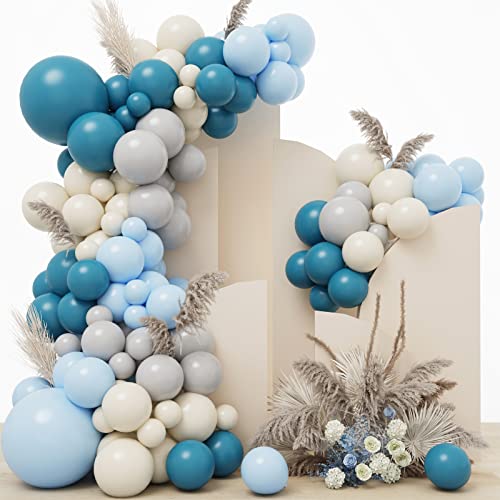 RUBFAC Slate Blue Balloon Arch Kit, Pastel Blue Gray Sand White Latex Party Balloons for Wedding Reception Banquet Engagement Bridal Shower Decoration