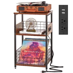 x-cosrack record player stand with vinyl record storage, 3 tier side table with charging station & usb ports, retro end table for living room bedroom, sturdy wood and metal frame, brown & black