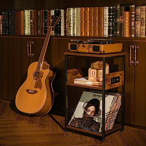 X-cosrack Record Player Stand with Vinyl Record Storage, 3 Tier Side Table with Charging Station & USB Ports, Retro End Table for Living Room Bedroom, Sturdy Wood and Metal Frame, Brown & Black