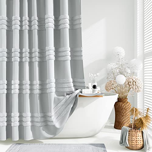 Dynamene Grey Fabric Shower Curtain, Tufted Chenille Striped Textured Cloth Shower Curtains for Bathroom, Boho Farmhouse Shabby Chic Waterproof Shower Curtain Set with Hook, Wrinkle Free, 72x72