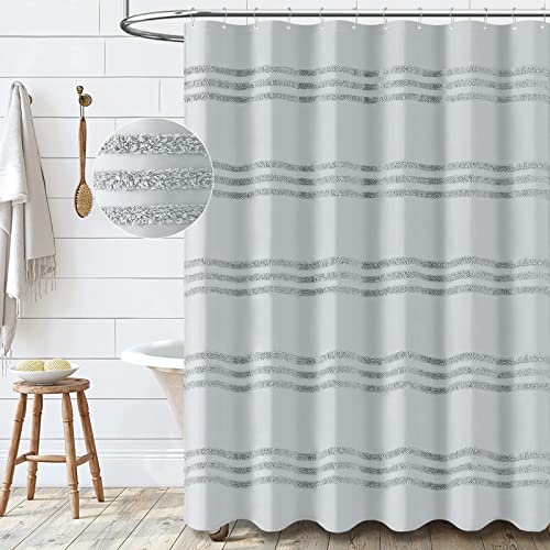 Dynamene Grey Fabric Shower Curtain, Tufted Chenille Striped Textured Cloth Shower Curtains for Bathroom, Boho Farmhouse Shabby Chic Waterproof Shower Curtain Set with Hook, Wrinkle Free, 72x72