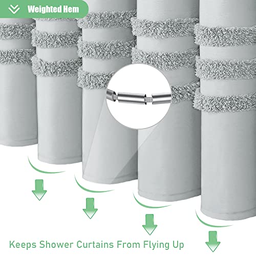 Dynamene Grey Fabric Shower Curtain, Tufted Chenille Striped Textured Cloth Shower Curtains for Bathroom, Boho Farmhouse Shabby Chic Waterproof Shower Curtain Set with Hook, Wrinkle Free, 72x72