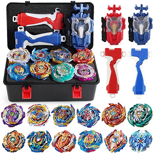 Burst Gyro Blade Toy Set 12 Spinning Tops 2 Two Way Launcher Metal，Fusion Attack Top with Portable Box Gift for Ages 6+