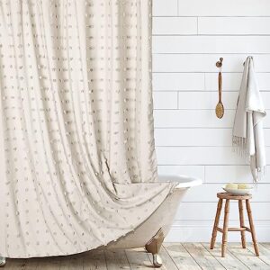boho farmhouse beige/cream shower curtain woven fabric cute shower curtain, 72 x 72 tufted pleat floral puffs textured modern farmhouse minimalist shower curtain set with hooks for bathroom