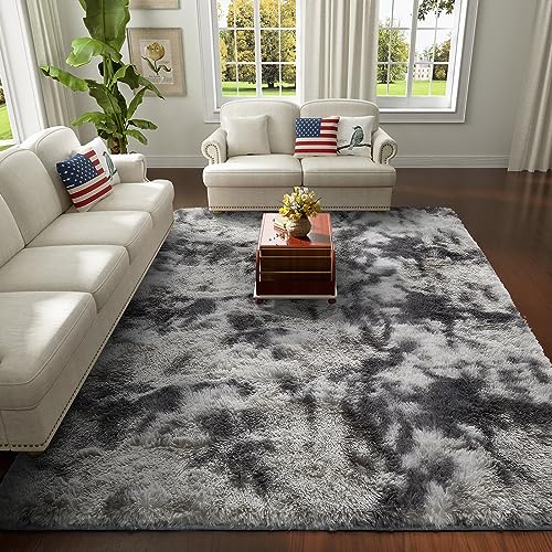 Ophanie 8x10 Area Rugs for Living Room, Large Shag Bedroom Carpet, Tie-Dyed Grey&White Big Indoor Thick Soft Nursery Rug, Fluffy Carpets for Boy and Girls Room Dorm Home Decor Aesthetic