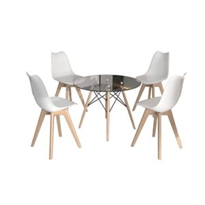 Echoamo 5-Piece Glass Dining Table Set, Compact Mid-Century Modern Round Table & Chair Set, Dining Table Set for 4, Round Dining Table with 4 Chairs for Kitchen, Dining Room, Space-Saving