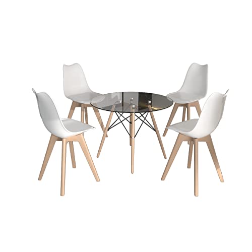 Echoamo 5-Piece Glass Dining Table Set, Compact Mid-Century Modern Round Table & Chair Set, Dining Table Set for 4, Round Dining Table with 4 Chairs for Kitchen, Dining Room, Space-Saving