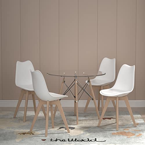 Echoamo 5-Piece Glass Dining Table Set, Compact Mid-Century Modern Round Table & Chair Set, Dining Table Set for 4, Round Dining Table with 4 Chairs for Kitchen, Dining Room, Space-Saving