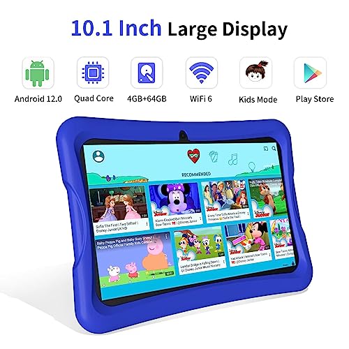VNEIMQN Kids Tablet, 10 Inch Tablet for Kids, RAM 4GB+64GB ROM Android 12, WiFi 6, 12H Battery, Toddler Tablet, Parental Control, 2-Year Guarantee, 1280*800 HD Display, Dual Camera with case Included