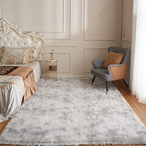 Arbosofe Fluffy Soft Area Rugs for Bedroom Living Room, Tie Dyed Light Grey Shaggy Rugs 8 x 10 Feet, Carpet for Kids Room, Throw Rug for Nursery Room, Fuzzy Plush Rug for Dorm, Cute Room Decor