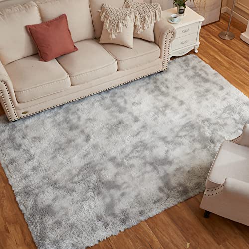 Arbosofe Fluffy Soft Area Rugs for Bedroom Living Room, Tie Dyed Light Grey Shaggy Rugs 8 x 10 Feet, Carpet for Kids Room, Throw Rug for Nursery Room, Fuzzy Plush Rug for Dorm, Cute Room Decor