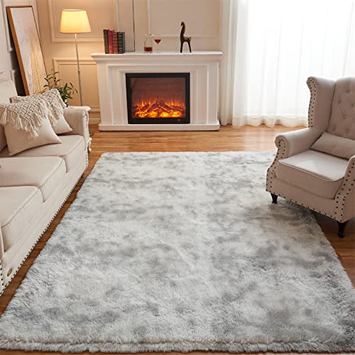 Arbosofe Fluffy Soft Area Rugs for Bedroom Living Room, Tie Dyed Light Grey Shaggy Rugs 8 x 10 Feet, Carpet for Kids Room, Throw Rug for Nursery Room, Fuzzy Plush Rug for Dorm, Cute Room Decor