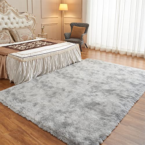 Arbosofe Fluffy Soft Area Rugs for Bedroom Living Room, Tie Dyed Light Grey Shaggy Rugs 8 x 10 Feet, Carpet for Kids Room, Throw Rug for Nursery Room, Fuzzy Plush Rug for Dorm, Cute Room Decor