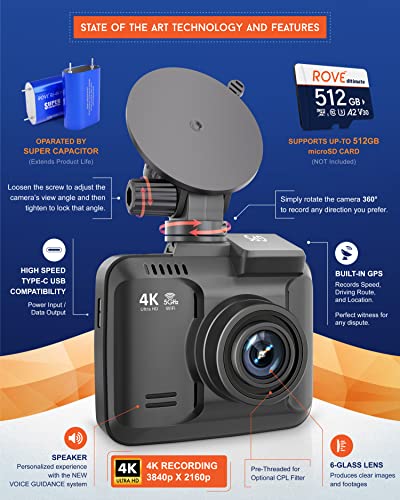 ROVE R2-4K PRO Dash Cam, Built-in GPS, 5G WiFi Dash Camera for Cars, 2160P UHD 30fps Dashcam with APP, 2.4" IPS Screen, Night Vision, WDR, 150° Wide Angle, 24-Hr Parking Mode, Supports 512GB Max