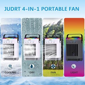 JUDRT Portable Air Conditioners, Mini Evaporative Air Cooler, 4 in 1 Upgraded Personal Desk Fan with 7 Colors Light, Powerful 4 Speeds & Cool Air Sprays Humidify AC for Room Office Table Home School