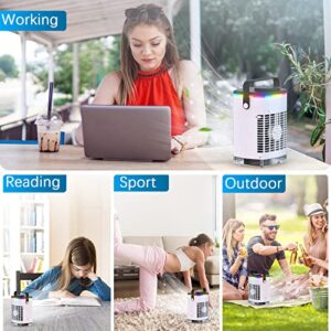 JUDRT Portable Air Conditioners, Mini Evaporative Air Cooler, 4 in 1 Upgraded Personal Desk Fan with 7 Colors Light, Powerful 4 Speeds & Cool Air Sprays Humidify AC for Room Office Table Home School