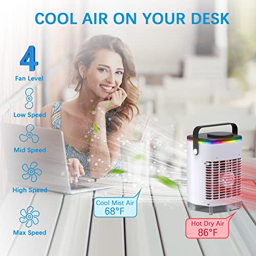 JUDRT Portable Air Conditioners, Mini Evaporative Air Cooler, 4 in 1 Upgraded Personal Desk Fan with 7 Colors Light, Powerful 4 Speeds & Cool Air Sprays Humidify AC for Room Office Table Home School