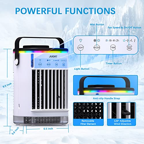 JUDRT Portable Air Conditioners, Mini Evaporative Air Cooler, 4 in 1 Upgraded Personal Desk Fan with 7 Colors Light, Powerful 4 Speeds & Cool Air Sprays Humidify AC for Room Office Table Home School