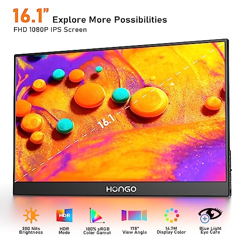 HONGO 16.1" Portable Monitor, FHD 1080P IPS Laptop Monitor Dual USB C HDMI Travel Monitors Portable Gaming Monitor with Dual Speakers, Second External Monitor for PC Phone PS5/4 Xbox Switch