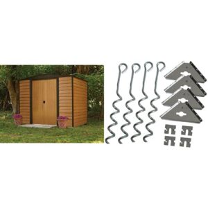 arrow shed wr86 arrow woodridge low gable steel, coffee/woodgrain 8 x 6 ft. storage shed & ak600 earth anchor kit, steel-stainless